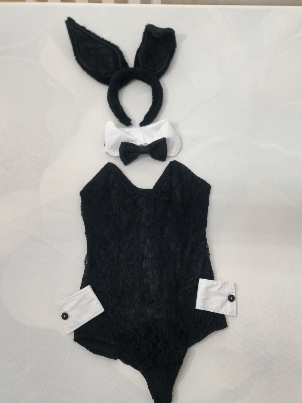 Black Lace Bunny Costume Bodysuit Set with Ears and Bow Tie